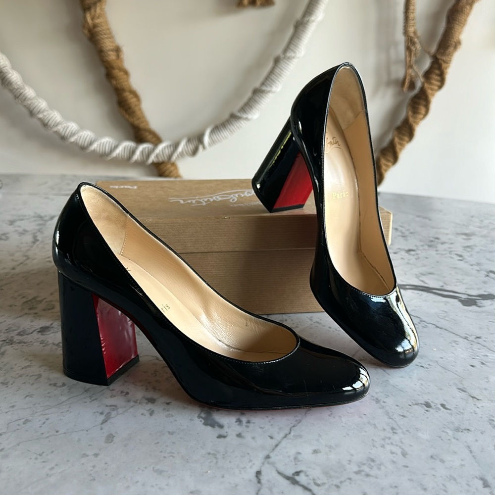 Christian Louboutin Black Patent Chunky Heel Sz 8/ 38